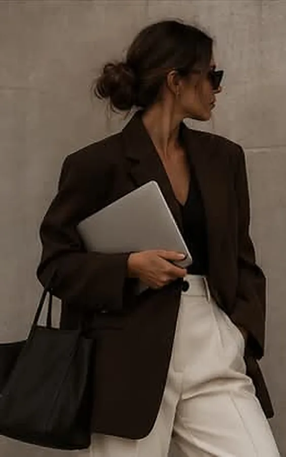 Woman in a dark blazer carrying a laptop, styled in The Business Edit's espresso and cream palette